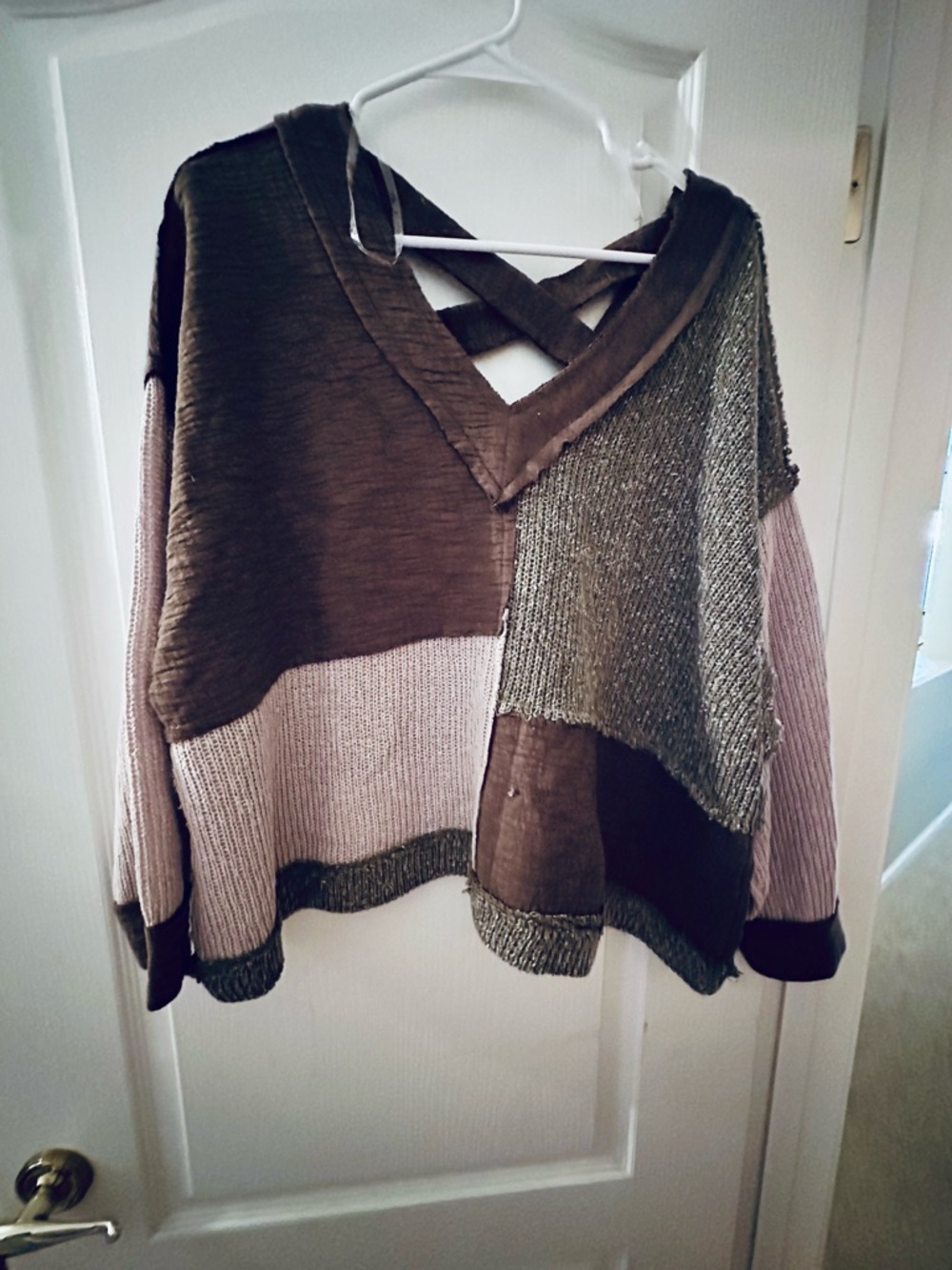 POL Patchwork V-Neck Sweater in Brown, Olive and Taupe